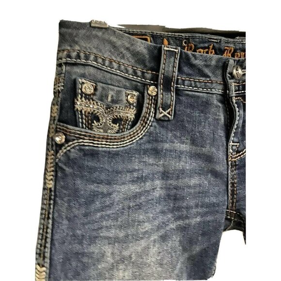 Rock Revival Luz Boot Blue Denim Jeans 25x29 Stretch Leather Flap Pockets Bling - Picture 6 of 11